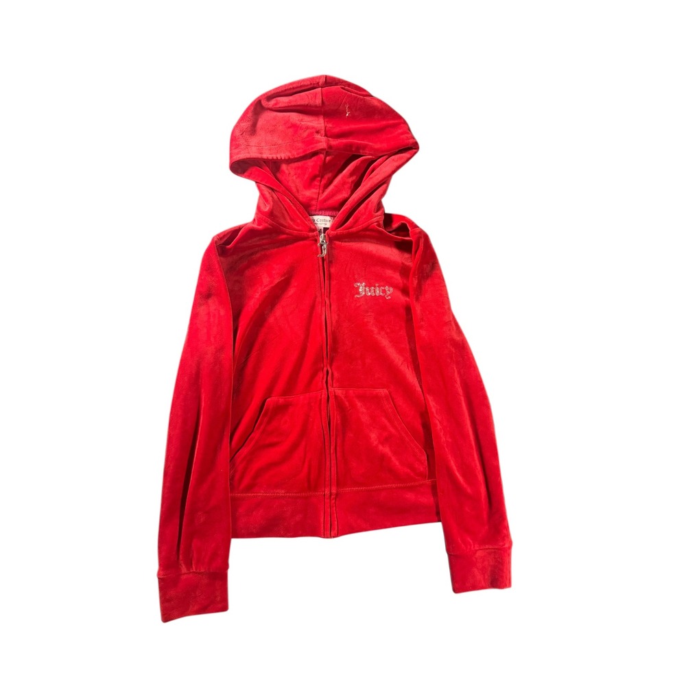 Juicy Couture Red Velour Track Jacket Y2K Rhinestone Logo Hoodie Womens Medium